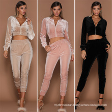 C7188 Fashion Women Wholesale Hoodies Outfits Women Solid Colors 2 Piece Top Crop Velvet Tracksuit Clothing Workout Sets